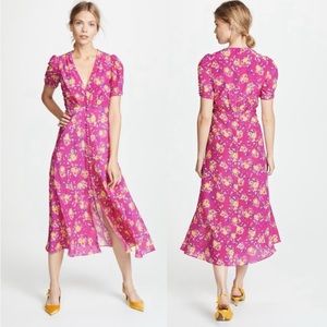 SALONI Lea Silk Midi Microfloral Hot Pink Dress US Size 2